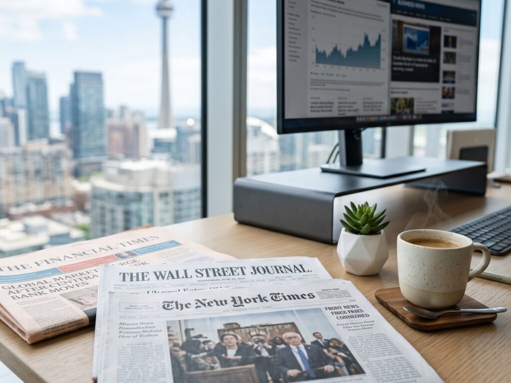Premium print newspapers (Financial Times, Wall Street Journal, New York Times) neatly placed on a modern office desk with a coffee cup and the Toronto skyline in the background, representing Roltek's GTA delivery service.